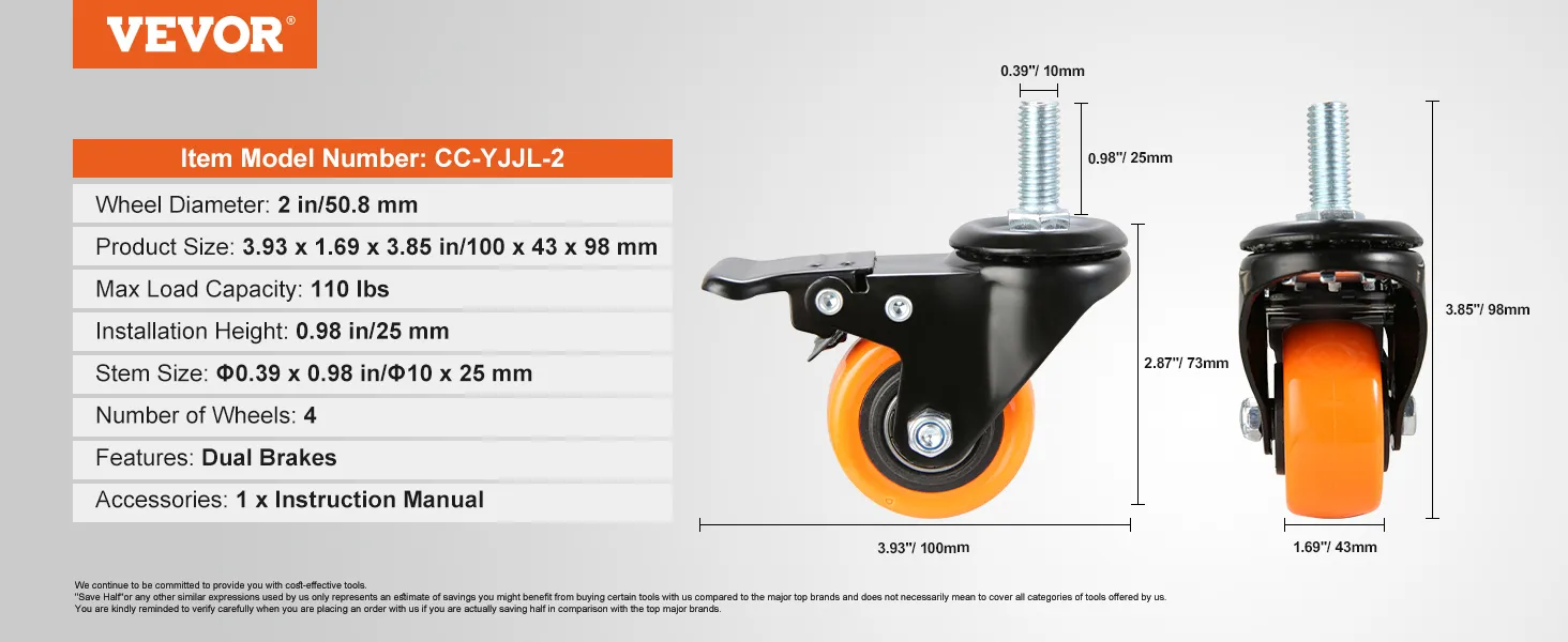 VEVOR caster wheels, 2 in diameter, dual brakes, set of 4, max load 110 lbs, model cc-yjl-2.