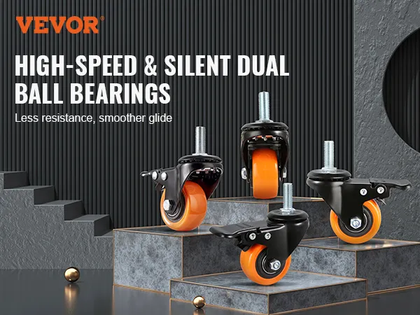 VEVOR caster wheels with high-speed silent dual ball bearings for smoother glide on a dark modern background.