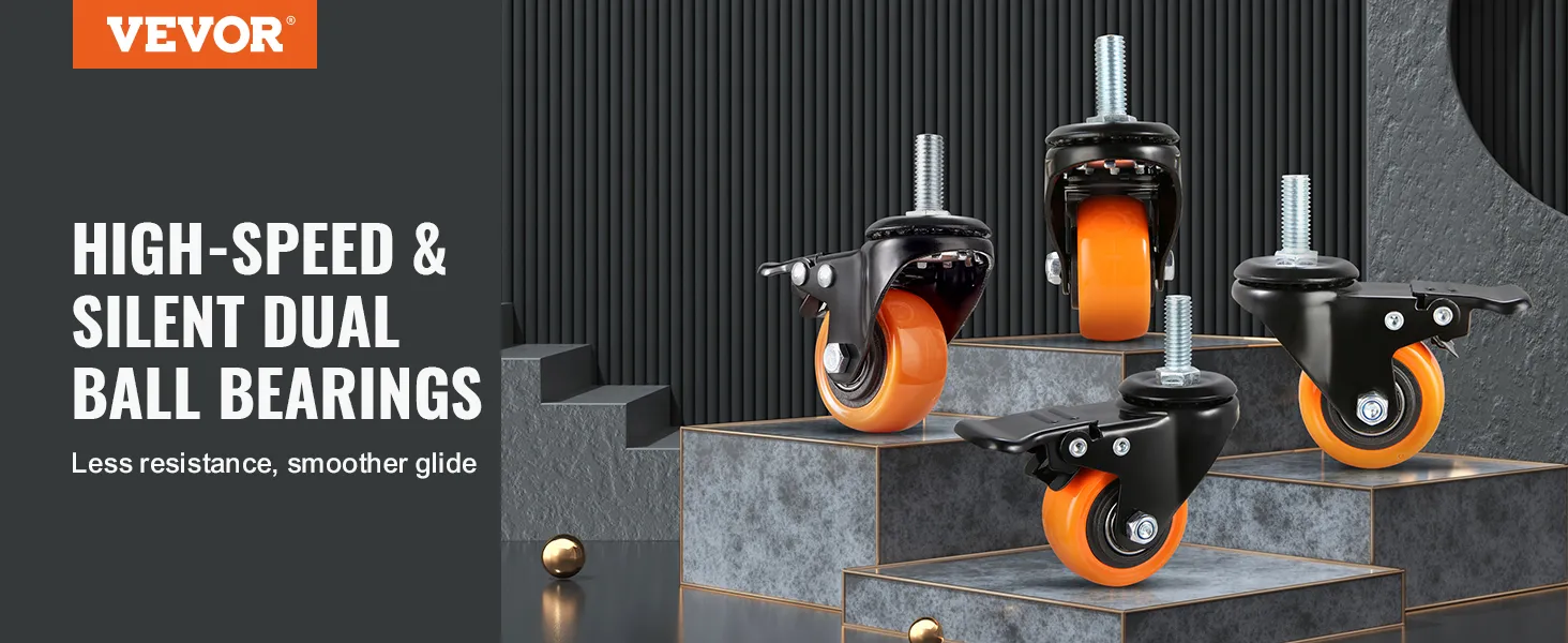 VEVOR caster wheels with high-speed silent dual ball bearings for smoother glide on a dark modern background.