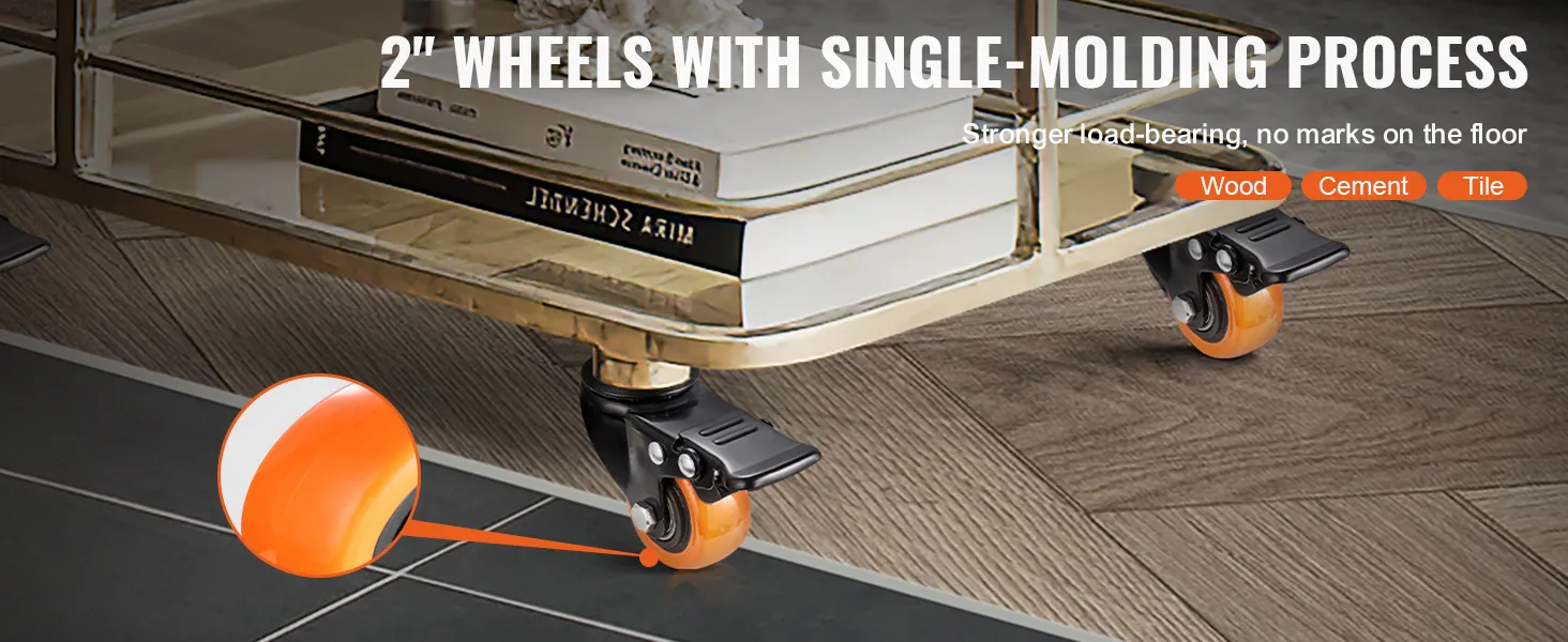 2" VEVOR caster wheels with single-molding process on various floor types.