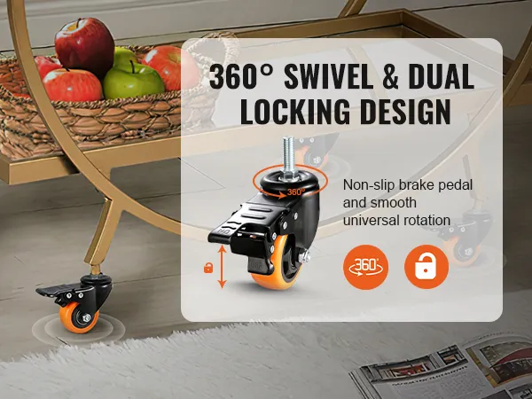 VEVOR caster wheels with 360° swivel and dual locking design on a rolling cart holding a fruit basket.