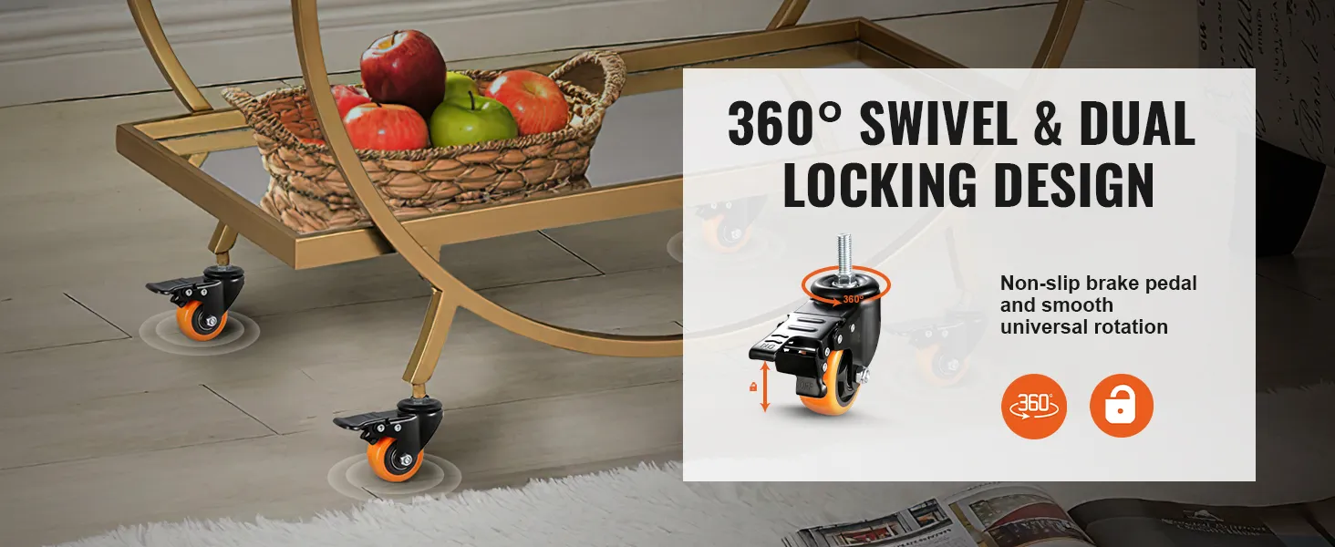 VEVOR caster wheels with 360° swivel and dual locking design on a rolling cart holding a fruit basket.