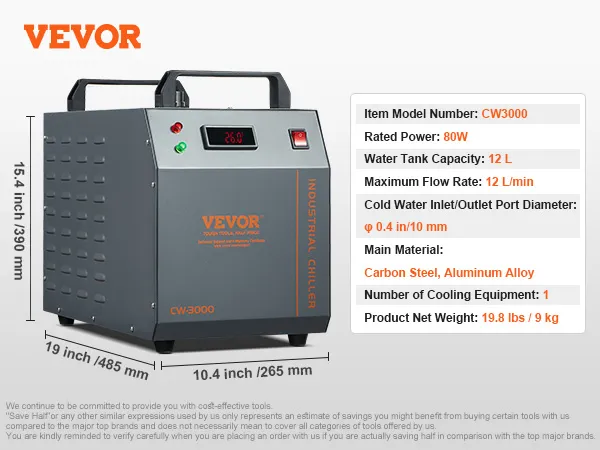 Enfriador de agua industrial VEVOR cw3000, capacidad de 12 l, potencia de 80w, dimensiones: 19x10,4x15,4 pulgadas.