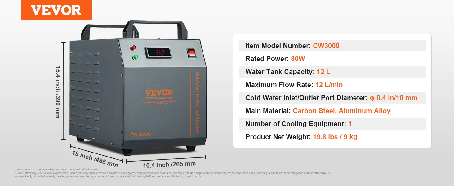 Enfriador de agua industrial VEVOR cw3000, capacidad de 12 l, potencia de 80w, dimensiones: 19x10,4x15,4 pulgadas.