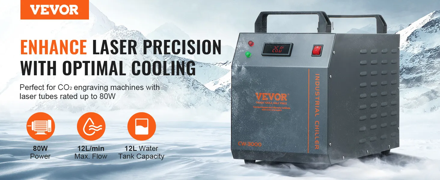 Enfriador de agua industrial VEVOR para máquinas de grabado de co2, potencia 80w, caudal máximo 12l/min, tanque de agua de 12l.