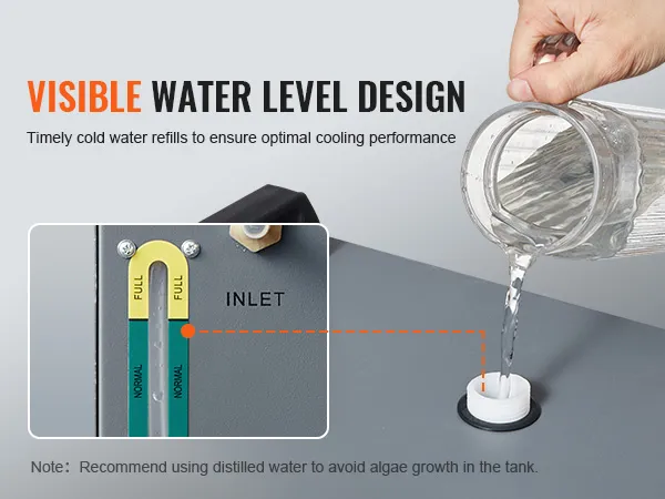 llenado del enfriador de agua industrial VEVOR, que muestra un diseño de nivel de agua visible para un rendimiento de enfriamiento óptimo.