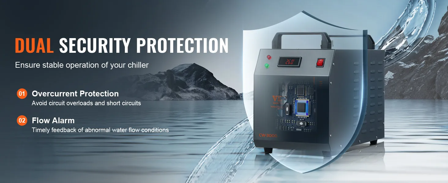 Enfriador de agua industrial VEVOR con doble protección de seguridad, protección contra sobrecorriente y alarma de flujo.