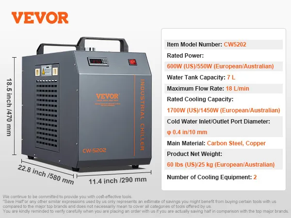 Specificatietabel voor de VEVOR industriële waterkoeler cw5202 met afmetingen en kenmerken.
