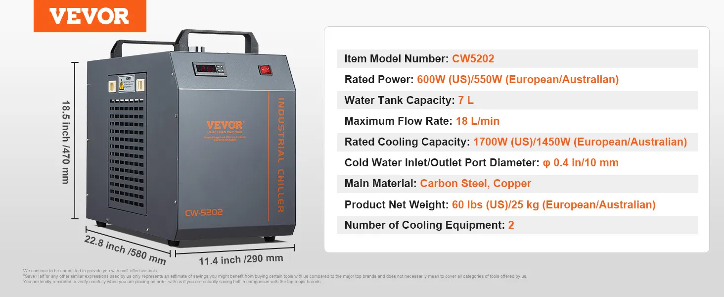 Specificatietabel voor de VEVOR industriële waterkoeler cw5202 met afmetingen en kenmerken.