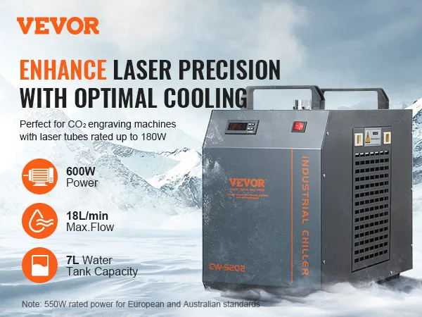 VEVOR industriële waterkoeler voor CO2 graveermachines, vermogen van 600 W, tankinhoud van 7 l, doorstroming van 18 l/min.