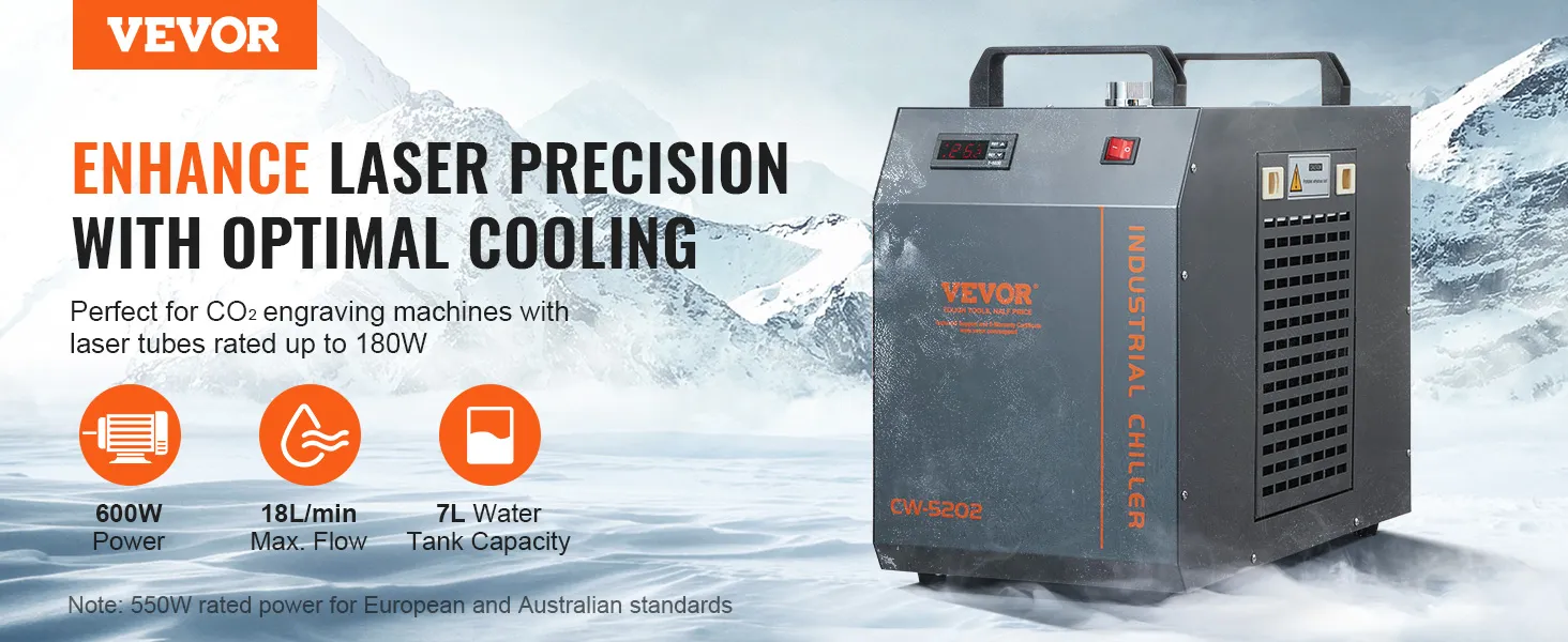VEVOR industriële waterkoeler voor CO2 graveermachines, vermogen van 600 W, tankinhoud van 7 l, doorstroming van 18 l/min.