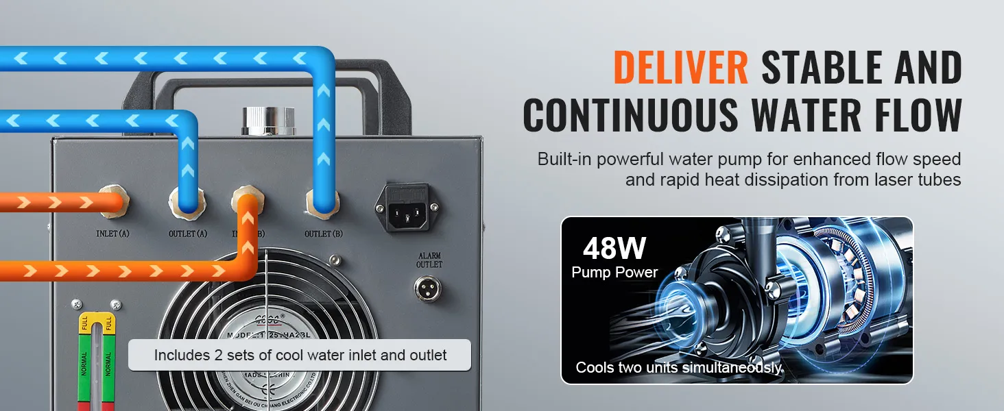 VEVOR industriële waterkoeler met 48W pompvermogen voor een stabiele en continue waterstroom.