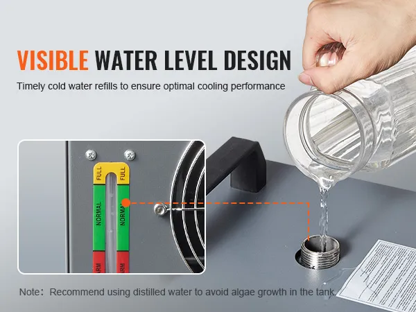 zichtbaar waterpeilontwerp van de VEVOR industriële waterkoeler, handmatig water in de tank gieten.