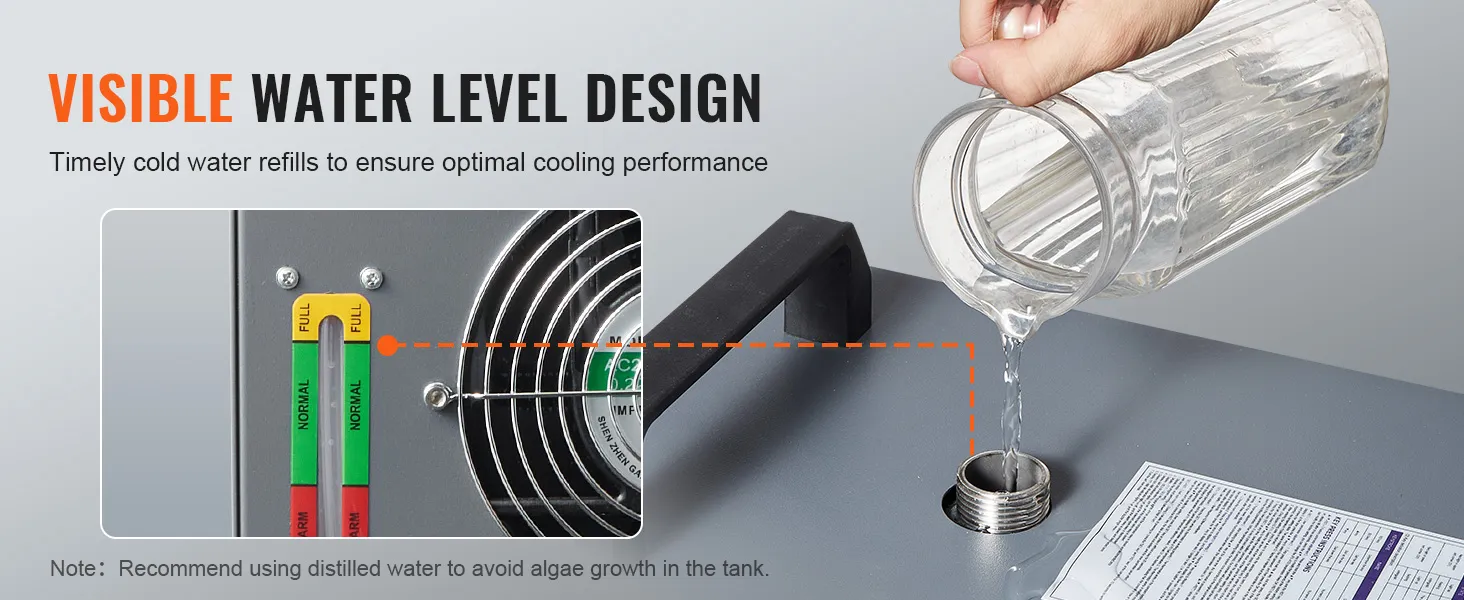zichtbaar waterpeilontwerp van de VEVOR industriële waterkoeler, handmatig water in de tank gieten.