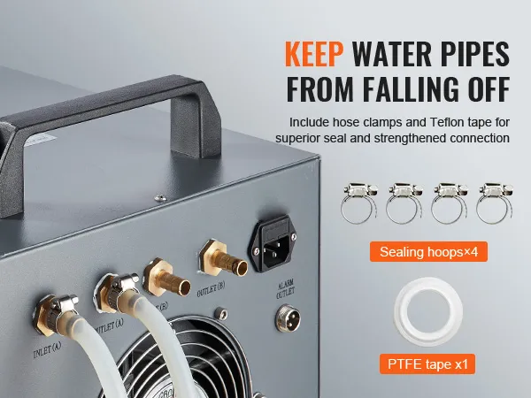 VEVOR industriële waterkoeler met slangklemmen en teflontape voor veilige waterleidingaansluitingen.