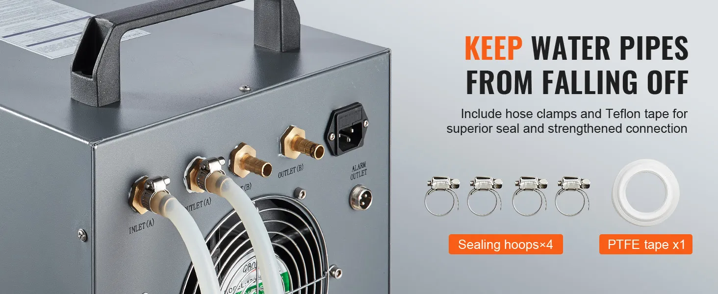 VEVOR industriële waterkoeler met slangklemmen en teflontape voor veilige waterleidingaansluitingen.