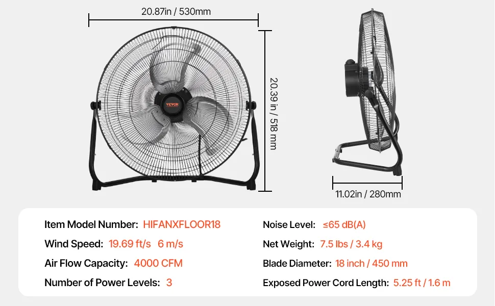 18 Inch Floor Fan 3 Speeds 360° Adjustable Tilt High-Velocity Industrial Fan