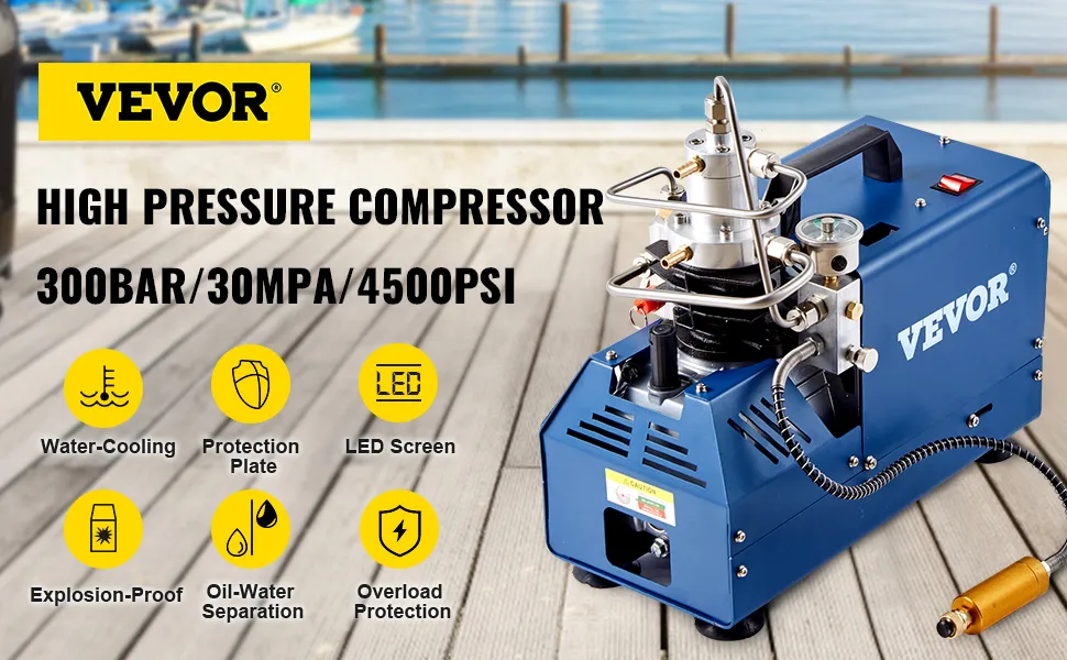 VEVOR high pressure air compressor showcasing features like water-cooling and led screen.