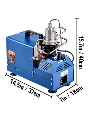blue VEVOR high pressure air compressor with dimensions 15.7in x 14.5in x 7in.