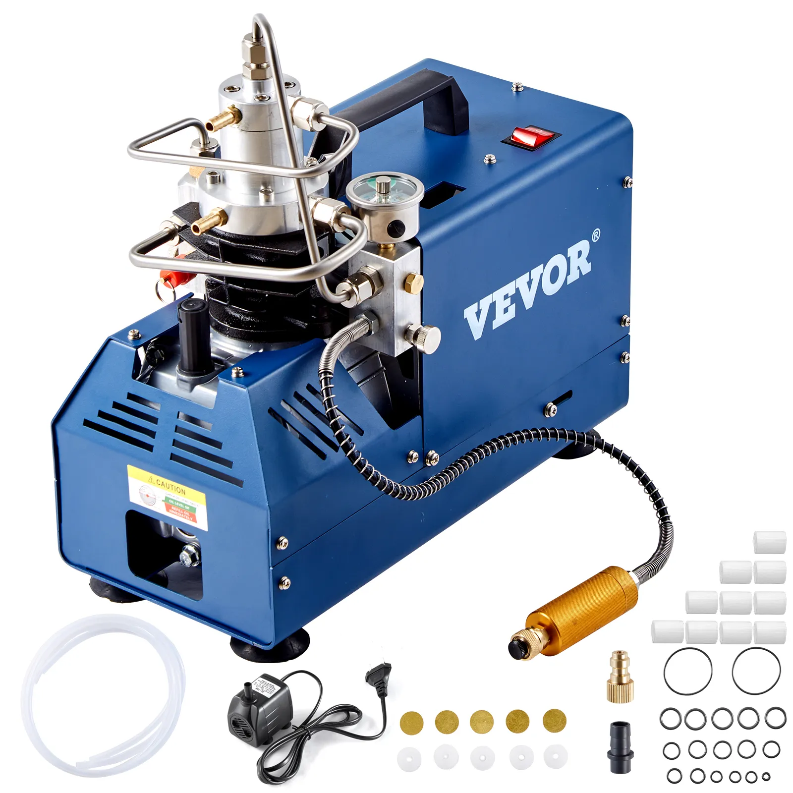 VEVOR high pressure air compressor in blue with accessories and pressure gauge.