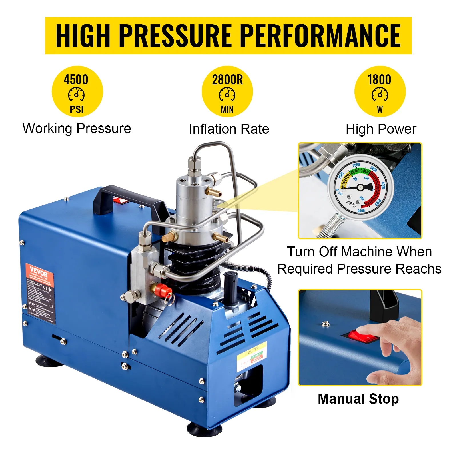 VEVOR high pressure air compressor with 4500 psi, 2800r/min, and 1800w power.