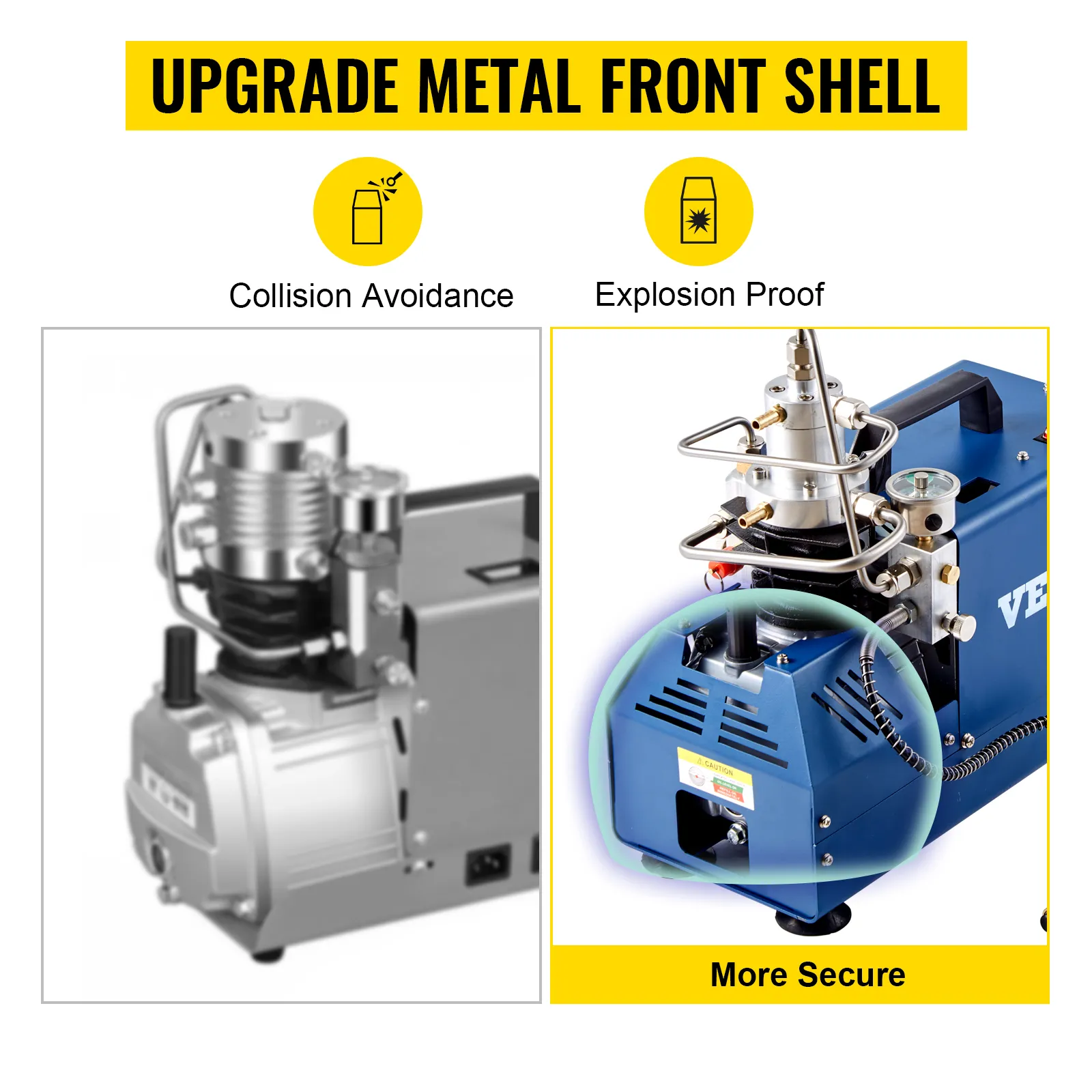 VEVOR high pressure air compressor with upgraded metal front shell for security.