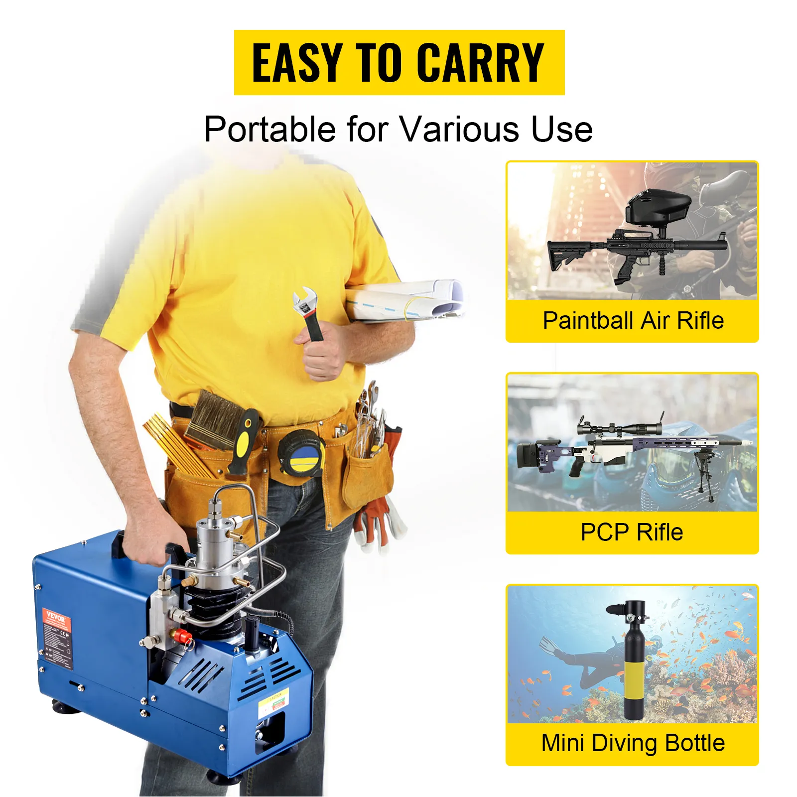 VEVOR high pressure air compressor, portable, easy to carry, suitable for various uses.