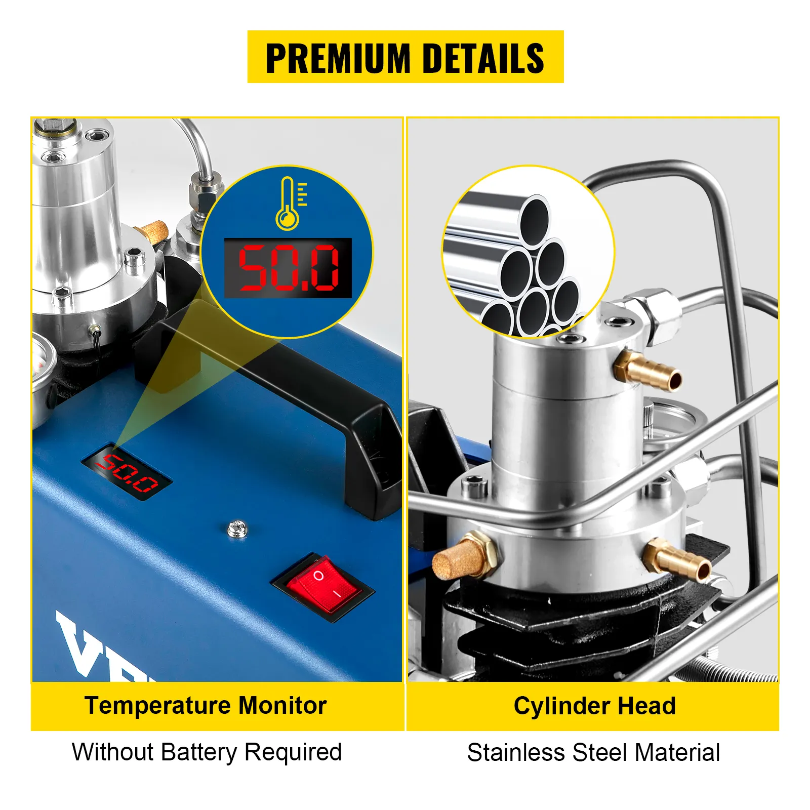 VEVOR high pressure air compressor with temperature monitor and stainless steel cylinder head.