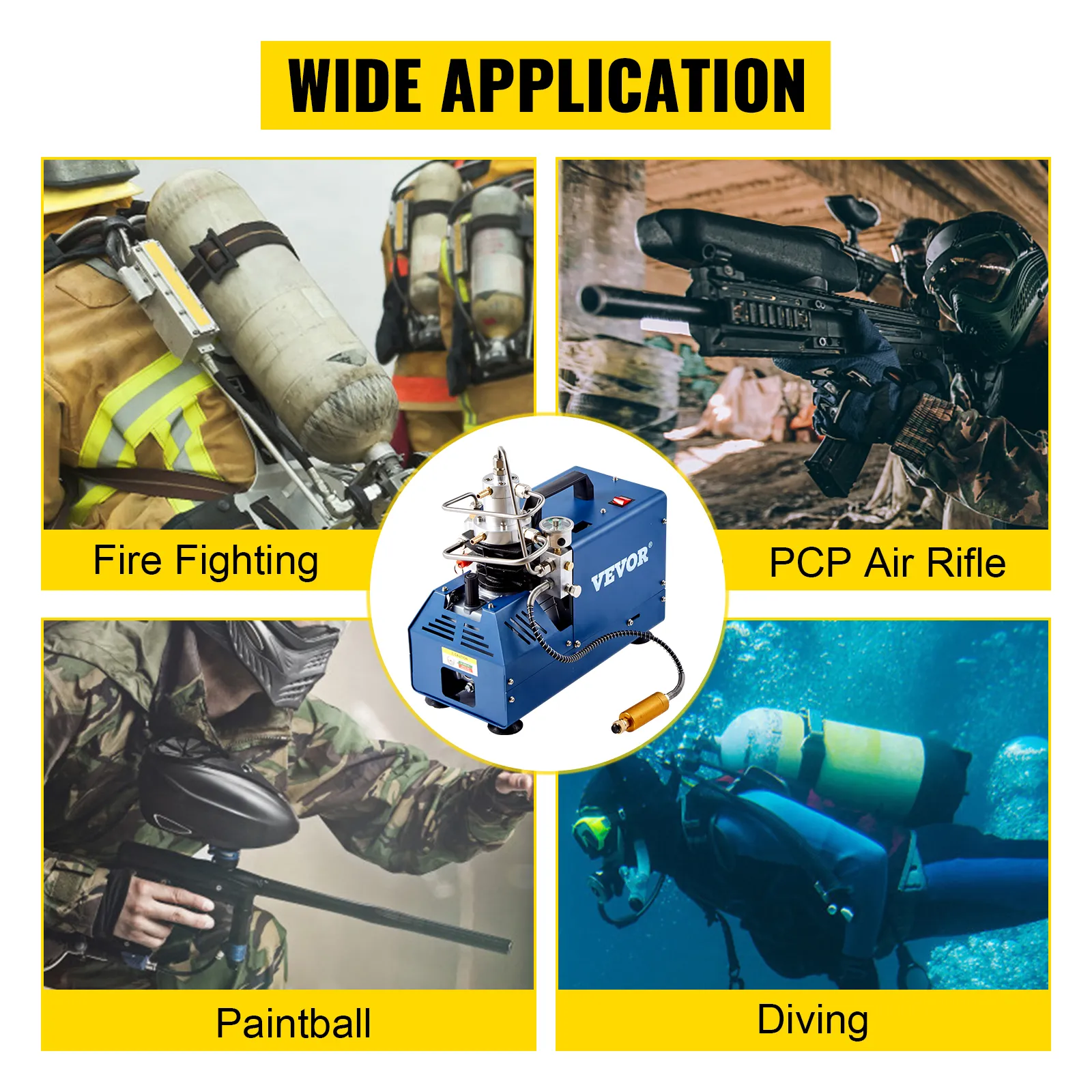 VEVOR high pressure air compressor for firefighting, pcp air rifles, paintball, and diving.