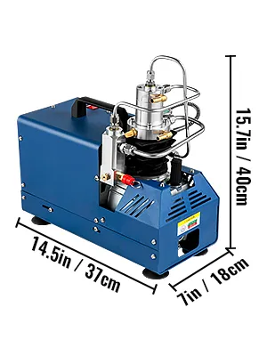 Compresor de aire de alta presión VEVOR, unidad azul, dimensiones 14,5 pulgadas x 7 pulgadas x 15,7 pulgadas.