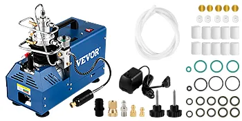 Compresor de aire de alta presión VEVOR con accesorios y juego de conexiones de manguera.