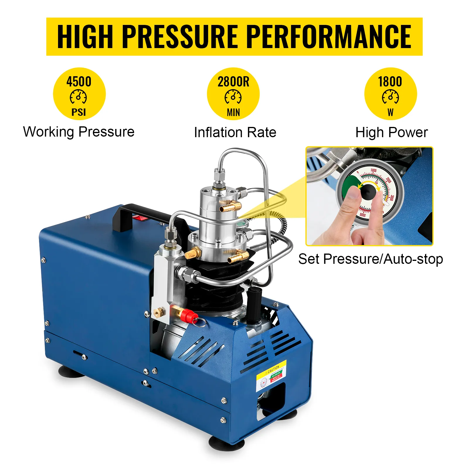 Compresor de aire de alta presión VEVOR con 4500 psi y 1800w de potencia, dial de control de presión.