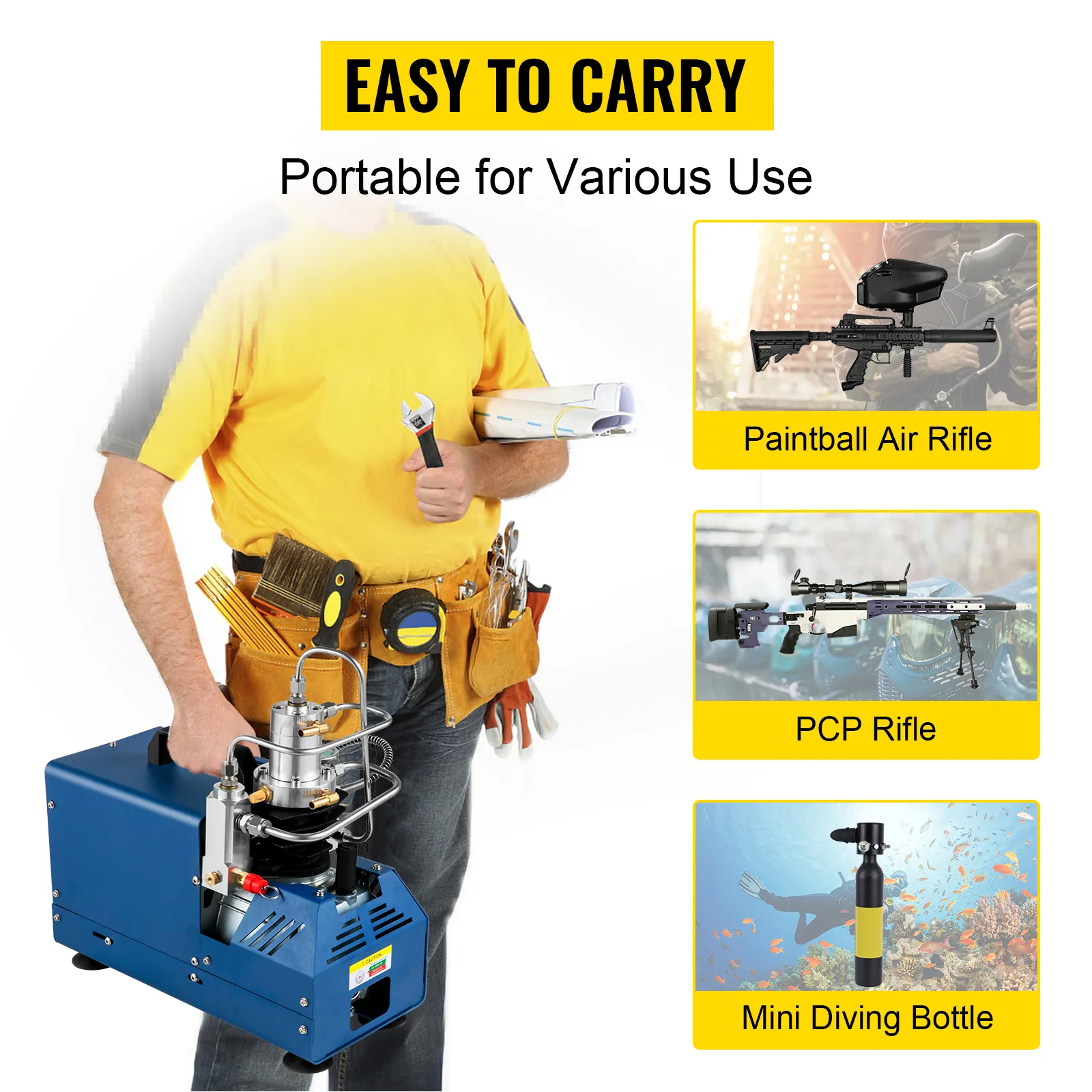 Compresor de aire de alta presión VEVOR fácil de transportar para diversos usos portátiles.