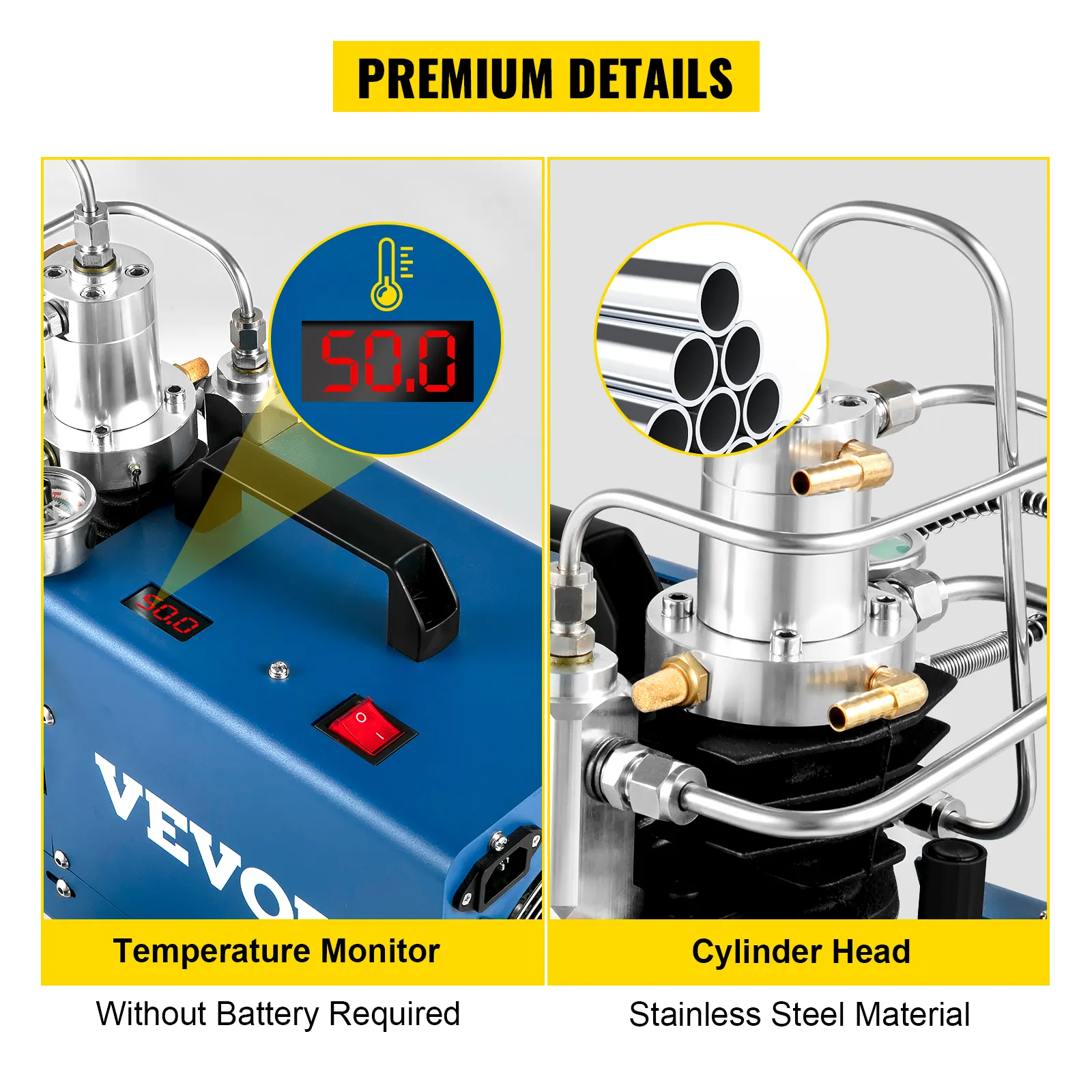 Detalles del compresor de aire de alta presión VEVOR: monitor de temperatura, cilindro de acero inoxidable.