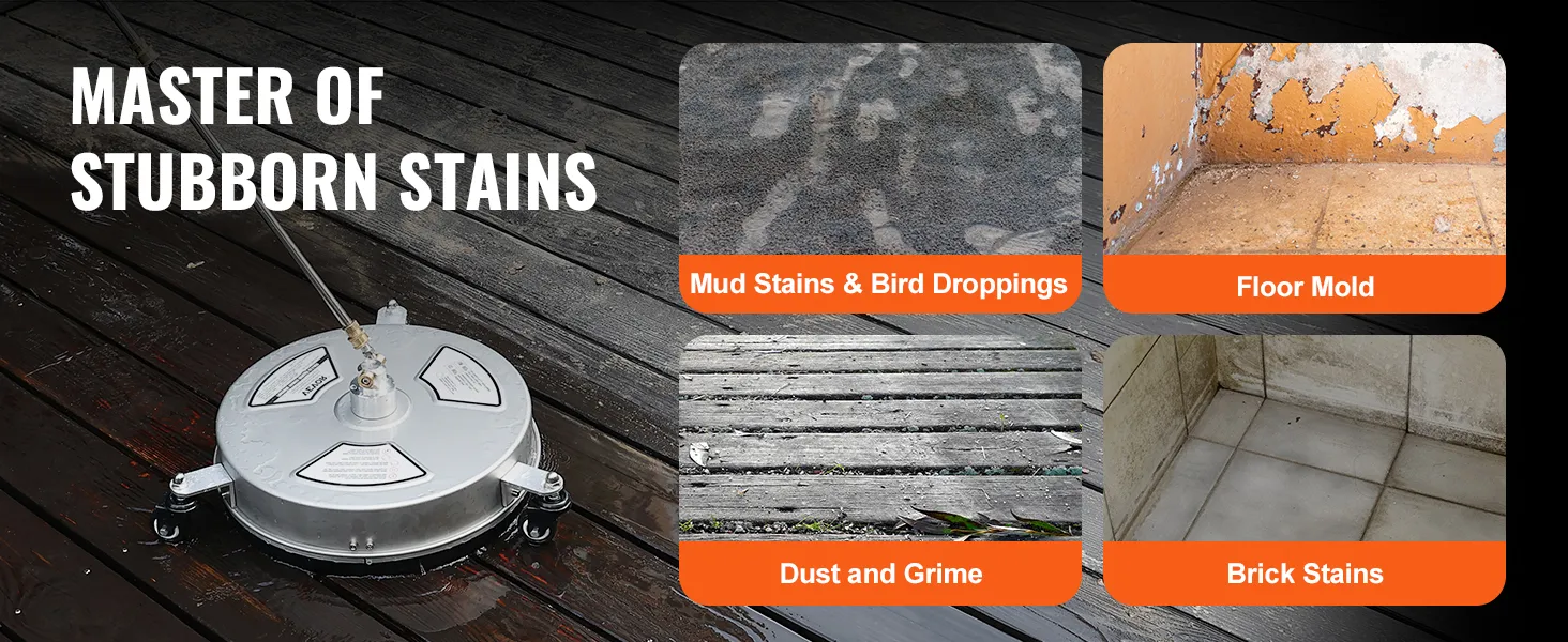 VEVOR pressure washer surface cleaner for stubborn stains: mud stains, bird droppings, floor mold, dust, and grime.