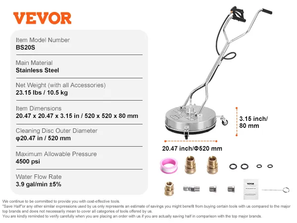 VEVOR Hochdruckreiniger-Oberflächenreiniger, Edelstahl, 4500 psi, 20,47 Zoll, 3,9 Gallonen/min, 23,15 Pfund.