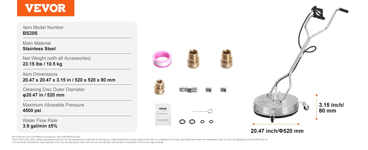 VEVOR Hochdruckreiniger-Oberflächenreiniger, Edelstahl, 4500 psi, 20,47 Zoll, 3,9 Gallonen/min, 23,15 Pfund.