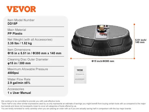 VEVOR pressure washer surface cleaner with 15-inch diameter, 4000 psi pressure, and pp plastic material.