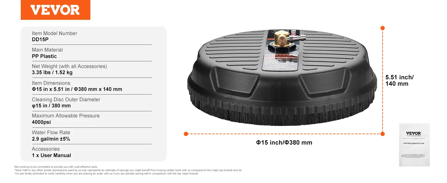 VEVOR pressure washer surface cleaner with 15-inch diameter, 4000 psi pressure, and pp plastic material.
