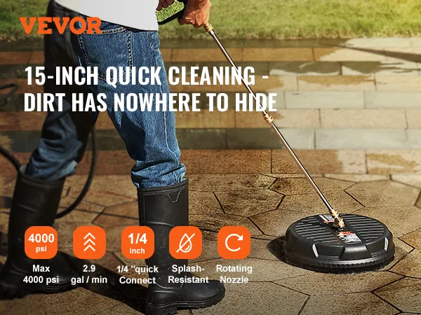 VEVOR pressure washer surface cleaner in use on a patio, showcasing 4000 psi, 15-inch rotating nozzle.