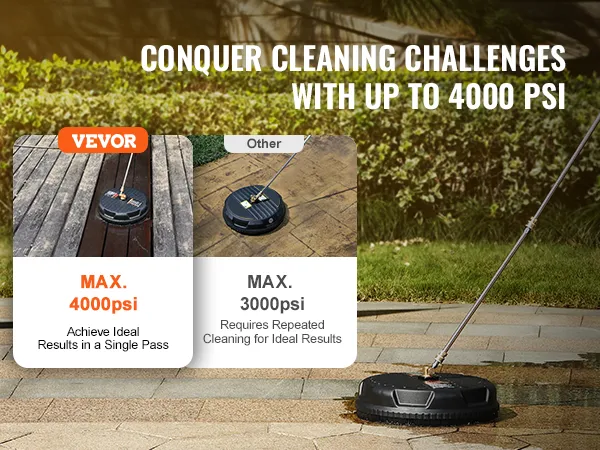 VEVOR pressure washer surface cleaner demonstrating superior cleaning power with up to 4000 psi.