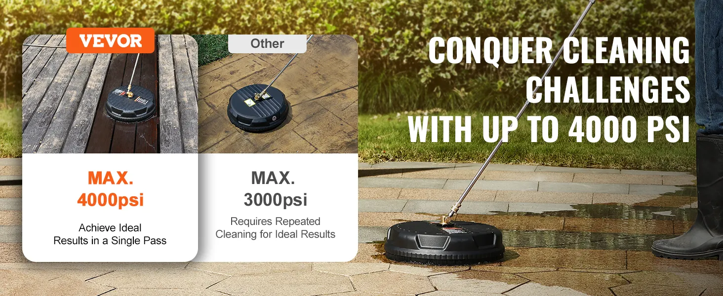 VEVOR pressure washer surface cleaner demonstrating superior cleaning power with up to 4000 psi.