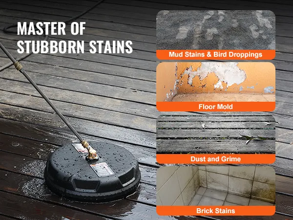 VEVOR pressure washer surface cleaner tackling mud stains, mold, dust, and brick stains on various surfaces.