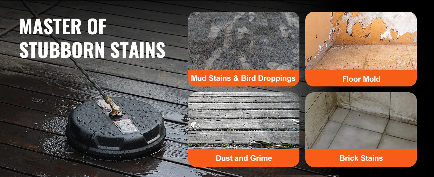 VEVOR pressure washer surface cleaner tackling mud stains, mold, dust, and brick stains on various surfaces.