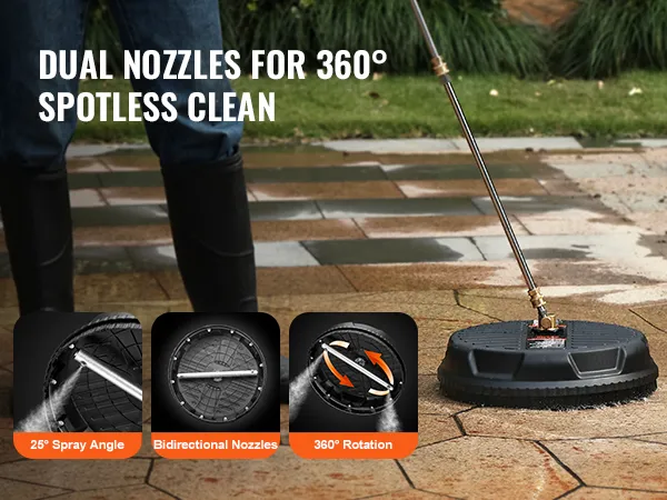 VEVOR pressure washer surface cleaner with dual nozzles and 360-degree rotation for spotless cleaning.