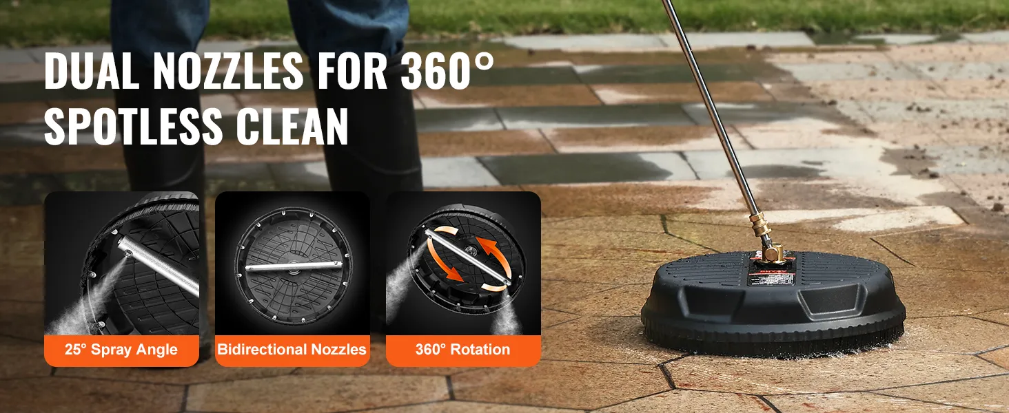 VEVOR pressure washer surface cleaner with dual nozzles and 360-degree rotation for spotless cleaning.