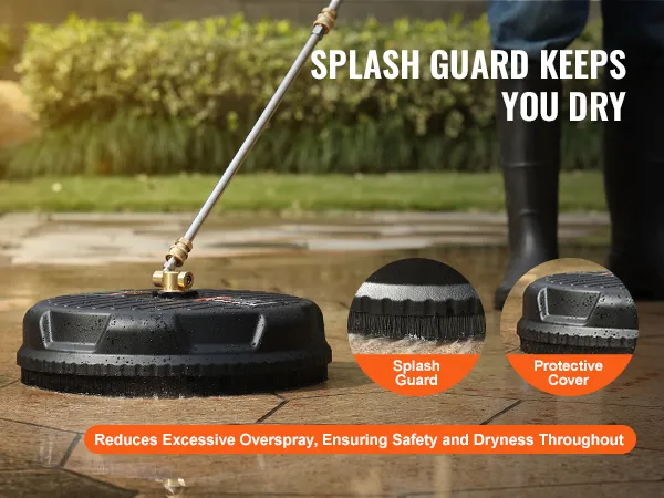 VEVOR pressure washer surface cleaner in action with splash guard and protective cover.