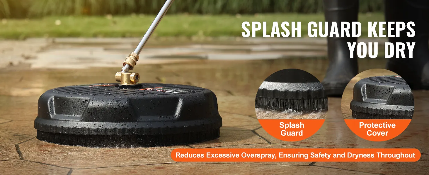 VEVOR pressure washer surface cleaner in action with splash guard and protective cover.