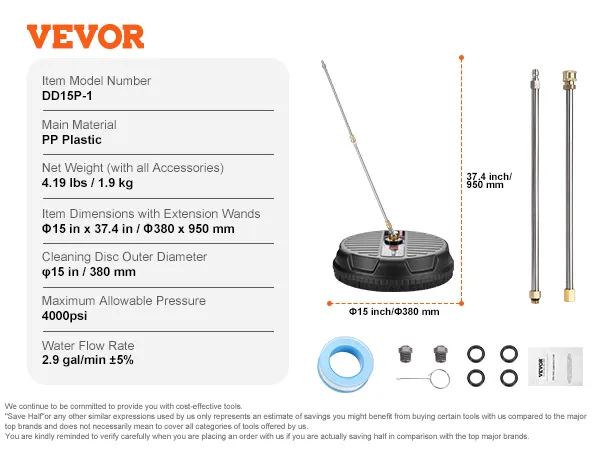VEVOR pressure washer surface cleaner with accessories, 15-inch disc, and extension wands.