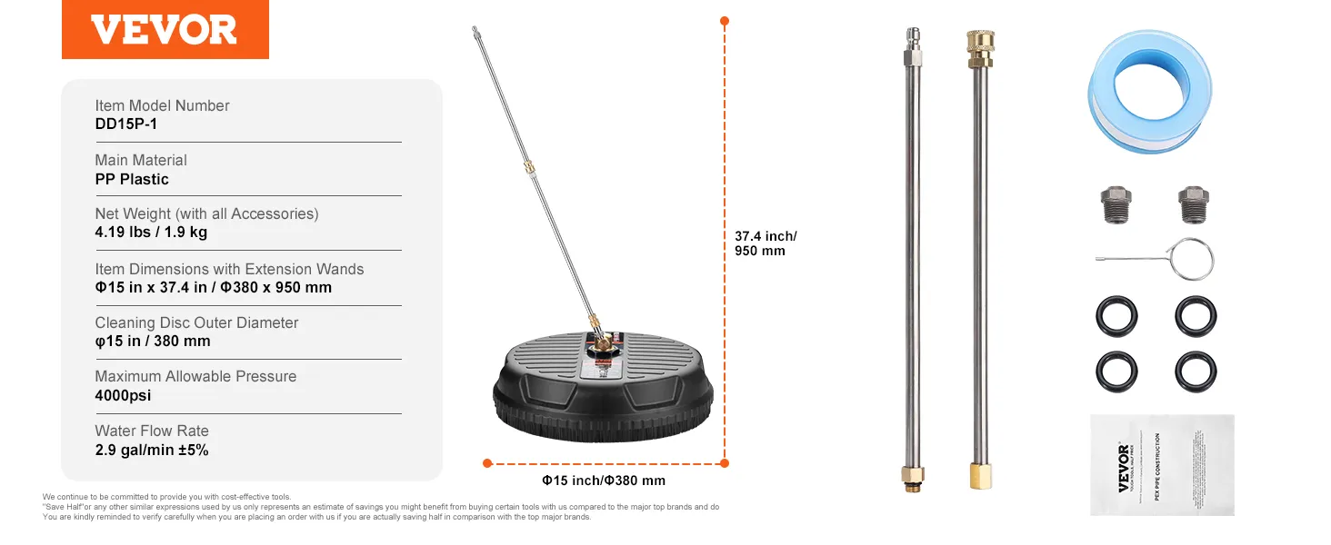 VEVOR pressure washer surface cleaner with accessories, 15-inch disc, and extension wands.